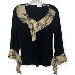 Jaipur Black Ruffle Blouse Animal Print Trim Bell Sleeve Y2K Boho Top Sz S - M